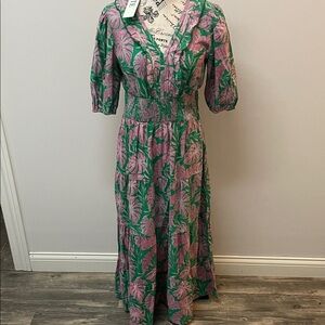 Elegant Green and Pink Floral Midi Dress 195
